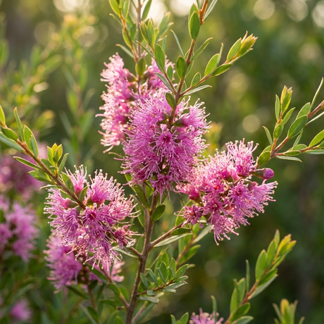 Pink, bottlebrush-like flowers bloom on leafy stems of the Australian native shrub Thyme Leafed Melaleuca (Melaleuca thymifolia) against a soft, blurred natural background.