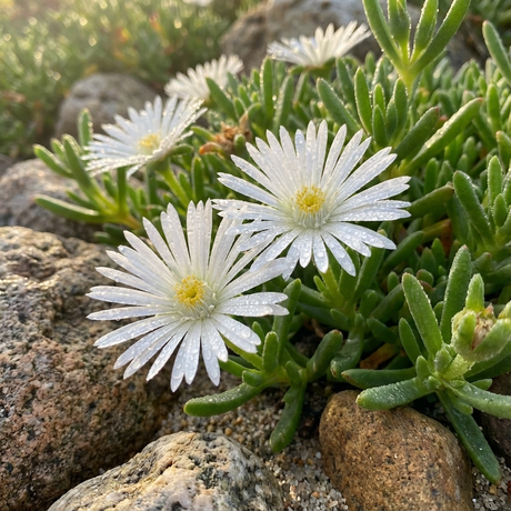 Pigface - Mesembryanthemum alba features white daisy-like blooms with yellow centers and dewy petals, set among green leaves and rocks. This drought-tolerant groundcover is ideal for adding brightness to coastal gardens.