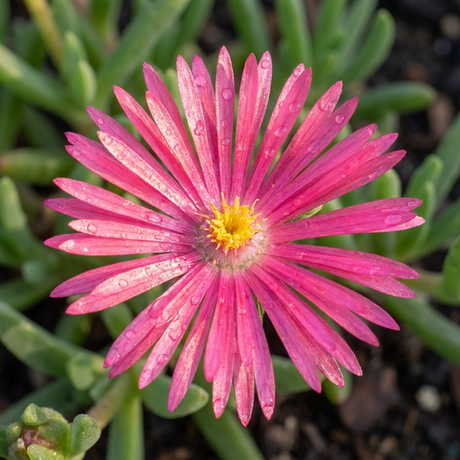 The Pigface (Mesembryanthemum species) features pink daisy-like flowers with water droplets, nestled among green leaves and stems. This succulent groundcover brings vibrant beauty to any garden.