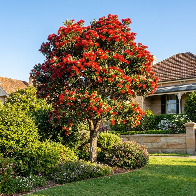 A Metrosideros tomentosa 'Pōhutukawa' with vivid crimson summer blooms stands in a tidy garden before a house on a sunny day.