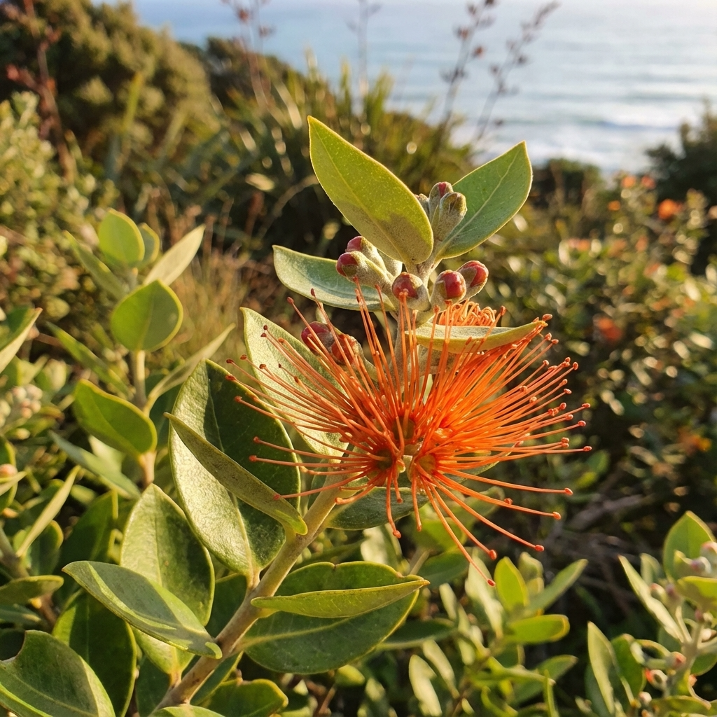 Close-up of Metrosideros 'Little Ollie' (Metrosideros collina hybrid) showing its red, spiky flowers and green leaves, sunlit by the ocean—an ideal low-maintenance landscaping choice.
