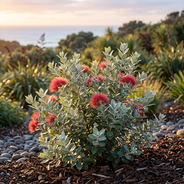 Metrosideros ‘Velvet Sky’—a hardy NZ Christmas Bush hybrid with red flowers and gray-green leaves—blooms in a coastal garden, overlooking the ocean at sunset.