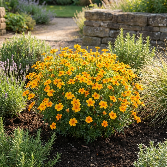 Mexican Marigold - Tagetes lemmonii displays bright yellow blooms and aromatic foliage in a garden, with stone walls in the background.