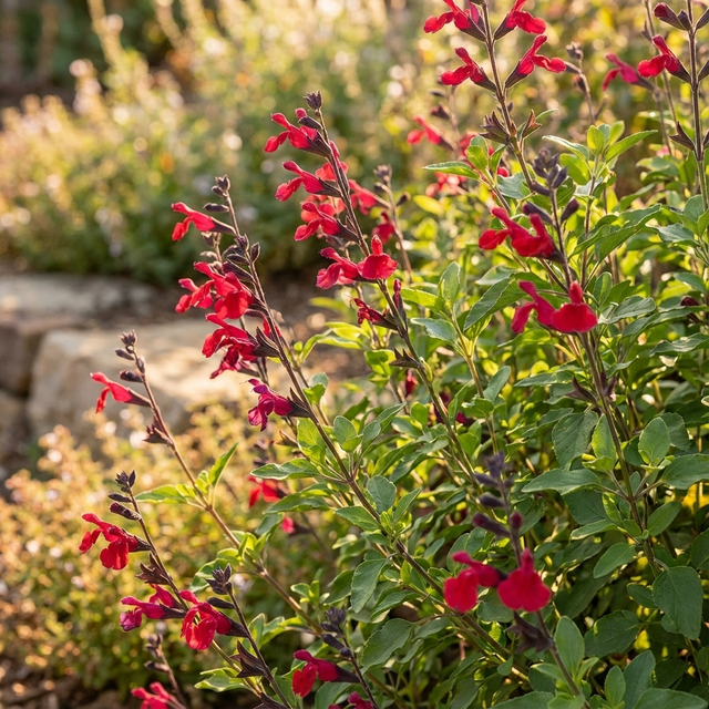 Mexican Sage - Salvia ‘Merlot’ flowers bloom vibrantly in a sunlit garden, their striking perennial beauty highlighted by lush green foliage and bordered by stones in the background.