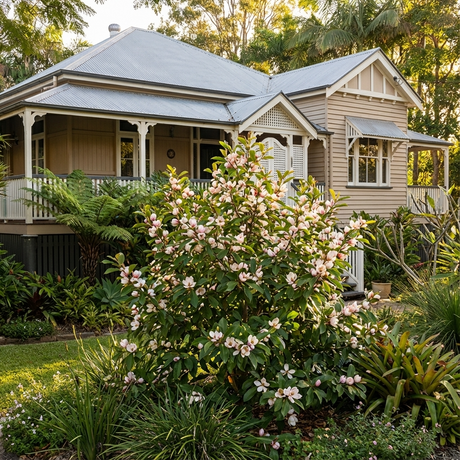 A Michelia x ‘Bubbles’ shrub with fragrant pink blooms stands before a classic wooden house, offering lush evergreen screening and charm to the landscape.
