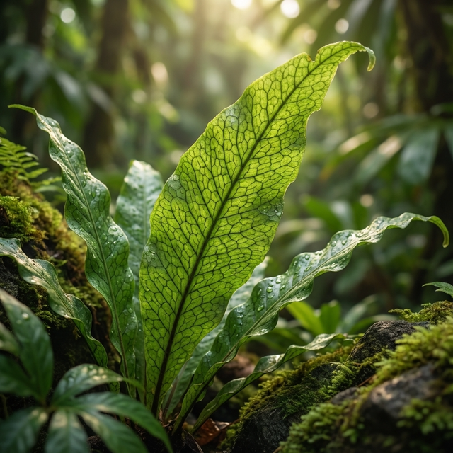 A sunlit Crocodile Fern (Microsorum musifolium ‘Crocodyllus’) leaf, with visible veins and water droplets, shines in a lush rainforest, highlighting its unique tropical foliage.