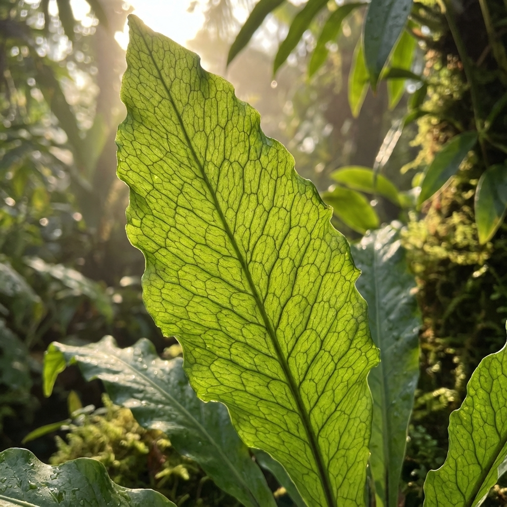 A close-up of a sunlit Crocodile Fern (Microsorum musifolium 'Lady Crocodyllus') leaf reveals its striking veins amid lush tropical foliage in a vibrant forest.