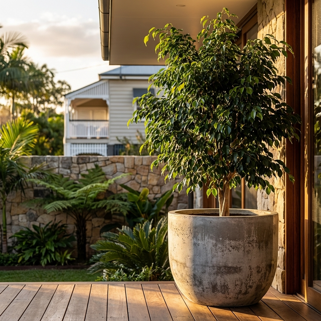 The Midnight Beauty Ficus (Ficus benjamina 'Midnight Beauty') sits on a wooden patio in sunlight, with a garden and stone wall behind—a stylish, air-purifying plant perfect for enhancing indoor or outdoor spaces.