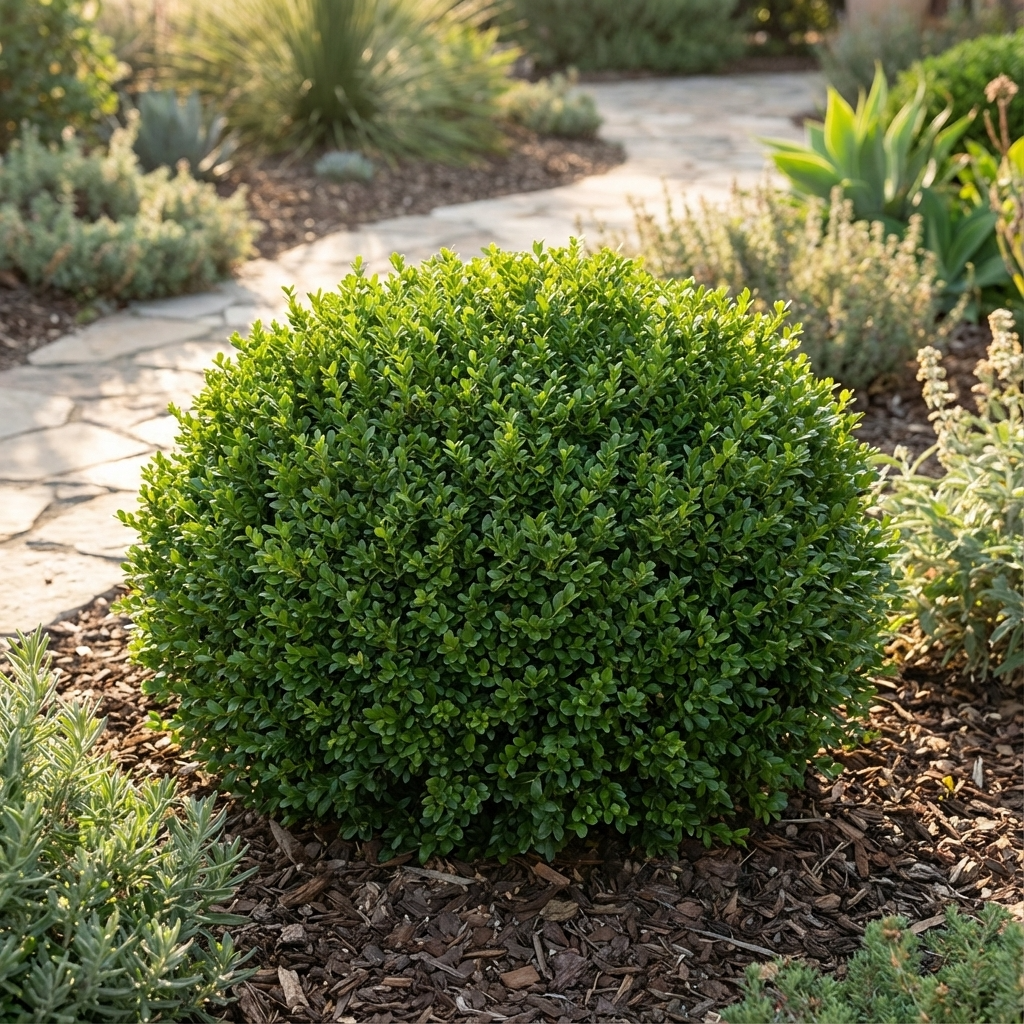 A round, neatly trimmed Min a Min Mock Orange - Murraya paniculata 'Min a Min' dwarf shrub in a landscaped garden with mulch and stone pathways.