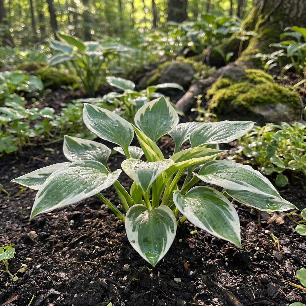 A Hosta fortunei 'Minuteman' (Minuteman Hosta) with variegated foliage and dew drops grows on the forest floor, surrounded by moss and lush green plants.