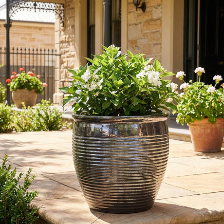 The Mirror Holland Planter (available in various sizes) with green leaves and white flowers sits on a sunny patio near the entrance, highlighting its high-lustre glazed finish and classic Holland style.