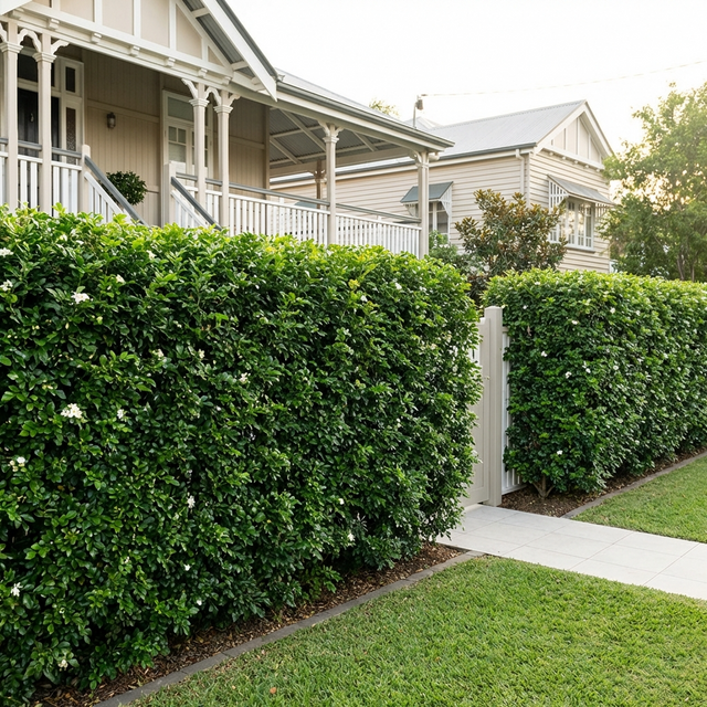 A lush green privacy hedge of Mock Orange (Murraya paniculata), known for its fragrant white flowers, borders a sidewalk in front of a traditional wooden house with a porch.