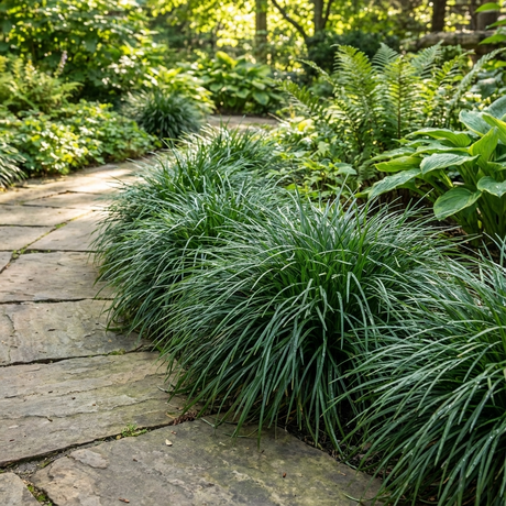 A stone garden path bordered by Mondo Grass - Ophiopogon japonicus and vibrant greenery offers a stunning, low-maintenance landscape feature that thrives in bright sunlight.