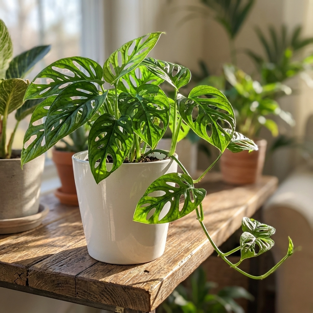 The Swiss Cheese Vine - Monstera adansonii, known for its holey leaves, rests in a white pot on a sunlit wooden table.