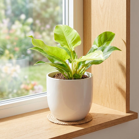 The Moonlight Philodendron – Philodendron Moonlight, a low-maintenance houseplant, sits in a white pot on the windowsill as sunlight streams through the window.