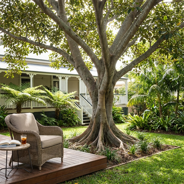 A wicker chair with a drink and book rests under the shade of a grand Moreton Bay Fig Tree (Ficus macrophylla) in a lush garden near the house porch.