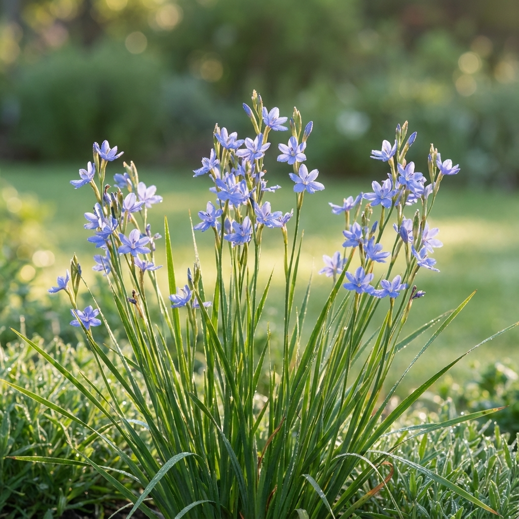 A cluster of delicate purple and blue Morning Iris (Orthrosanthus multiflorus) flowers with long green leaves blooms in a sunlit garden, surrounded by grass.