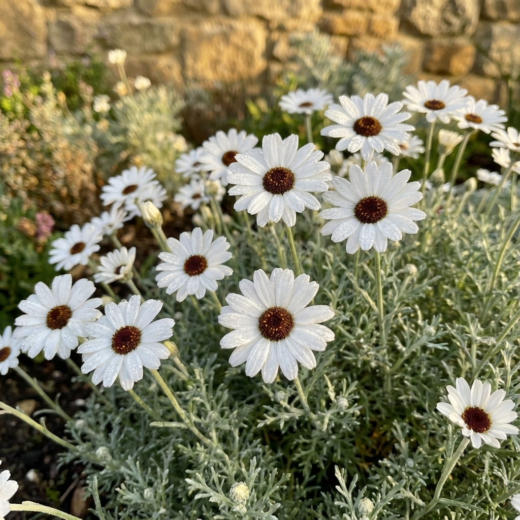 Moroccan Daisy - Rhodanthemum ‘African Eyes’ blooms with yellow-centered white flowers, adding long-lasting beauty and charm to gardens or borders, especially when planted near stone walls.