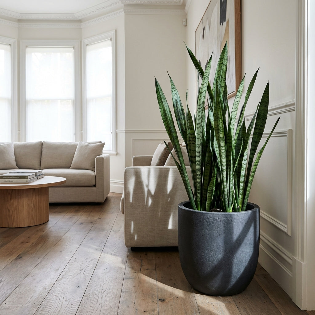 A large Mother in Law's Tongue (Sansevieria trifasciata) in a black pot is placed beside a beige sofa in a bright, modern living room with wood floors.