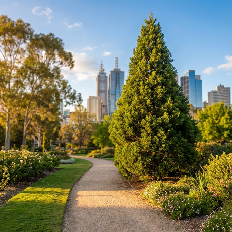 A city park with a dirt path, green trees—including Mount Spurgeon Black Pine (Prumnopitys ladei)—and tall buildings in the background under a blue sky.