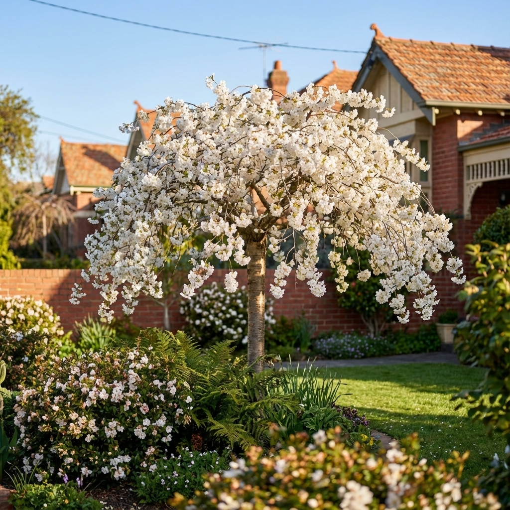 The Mount Fuji White Flowering Cherry - Prunus x ‘Shirotae’ brightens a lush front garden with its elegant white blossoms, creating a stunning contrast against the backdrop of classic brick houses.