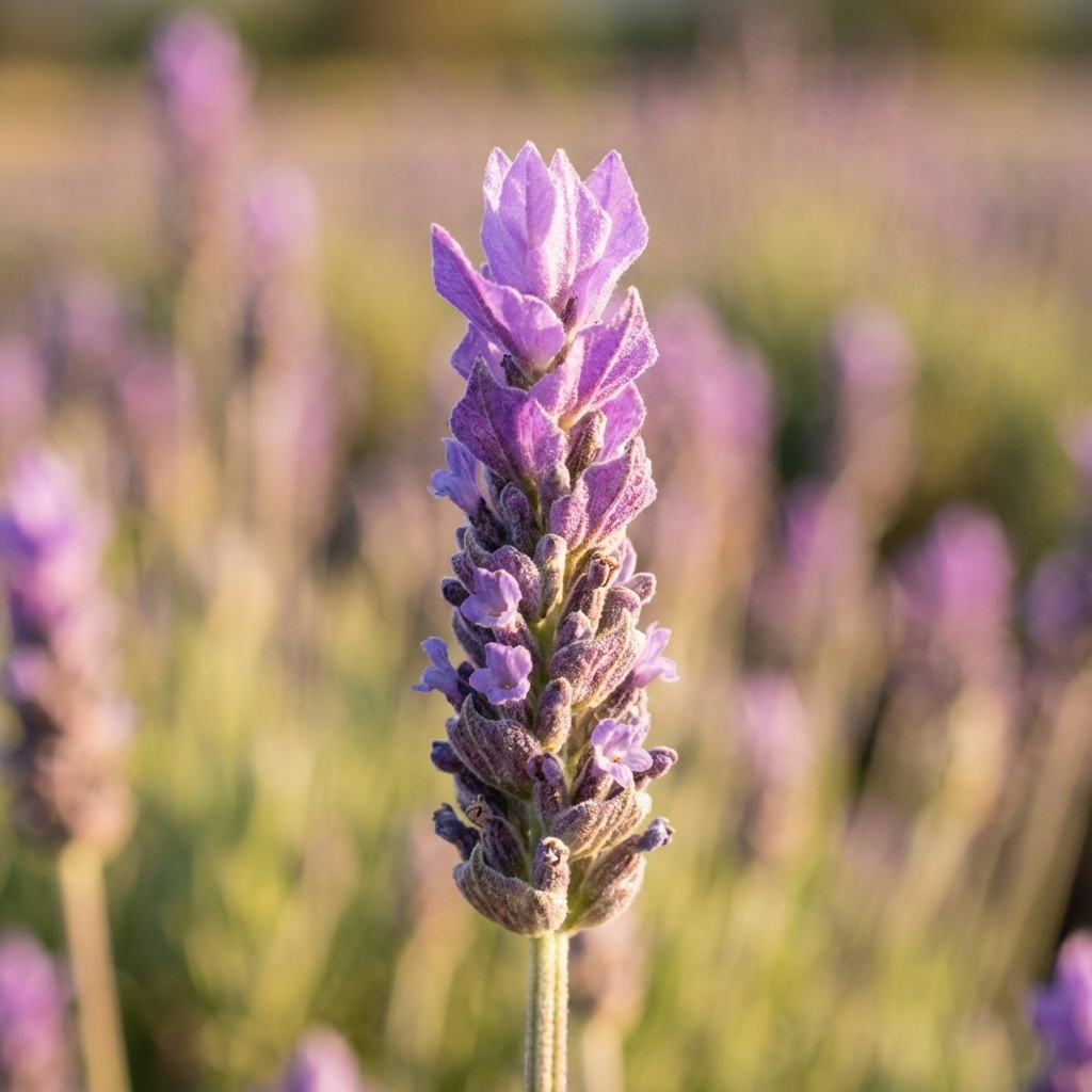 Close-up of a blooming Mt Lofty Lavender - Lavender ‘Allwood’ flower with a blurred field of Australian lavender in the background.