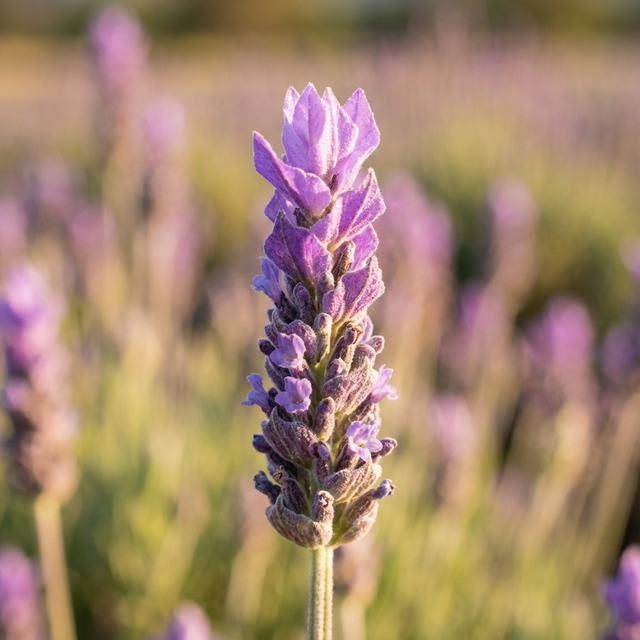 Close-up of a blooming Mt Lofty Lavender - Lavender ‘Allwood’ flower with a blurred field of Australian lavender in the background.