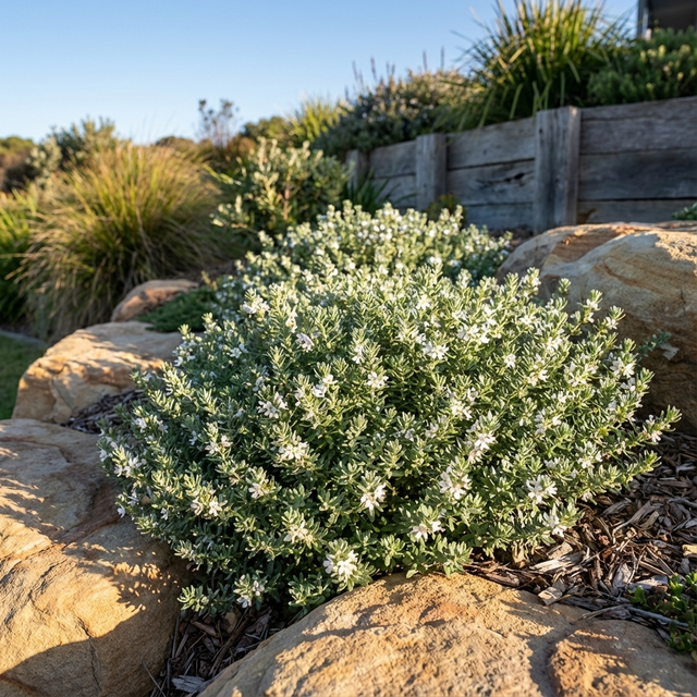 Mundi Coastal Rosemary - Westringia fruticosa ‘Mundi’ is a compact green shrub with small white flowers. Ideal for low-maintenance hedging, it thrives among rocks in landscaped gardens.