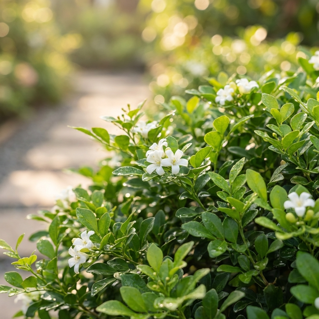 Close-up of Sweet Privacy™ Murraya (Murraya paniculata 'Sweet Privacy™') flowers blooming on green bushes, forming a lush privacy hedge along a sunny garden path.