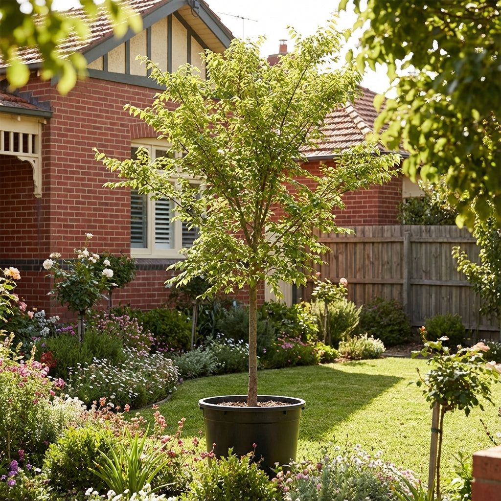 A Murrays Form Chinese Elm (Ulmus parvifolia ‘Murrays Form’) in a black pot adds charm as a feature planting in the sunny, flower-filled garden in front of the brick house.