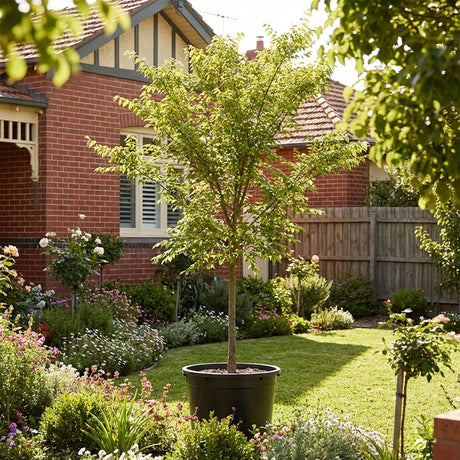 A Murrays Form Chinese Elm (Ulmus parvifolia ‘Murrays Form’) in a black pot adds charm as a feature planting in the sunny, flower-filled garden in front of the brick house.