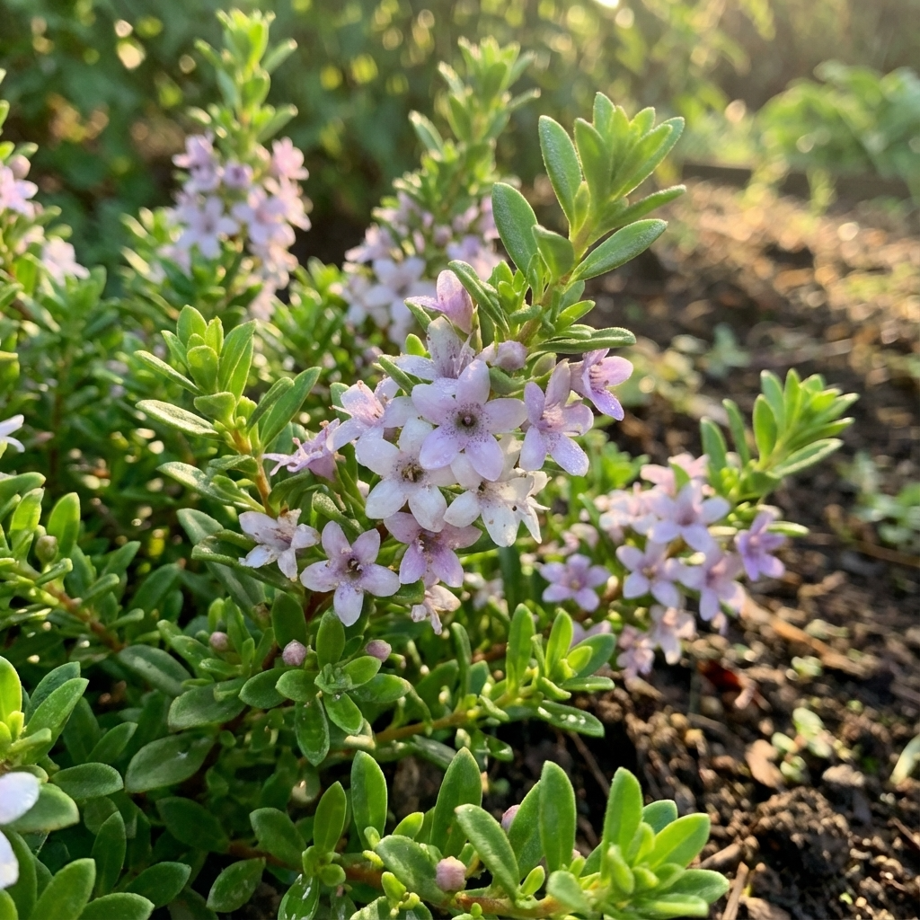 The drought-tolerant Coarse Leaf Pink Myoporum (Myoporum parvifolium) showcases small purple and white flowers among green leaves, forming a vibrant ground cover for sunny garden beds.