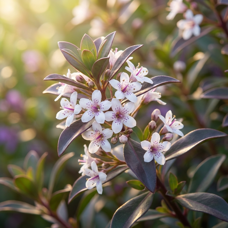White and pink flowers bloom on a leafy branch of drought-tolerant Purple Creeping Boobialla (Myoporum parvifolium purpurea) in soft sunlight, set against a blurred natural background.