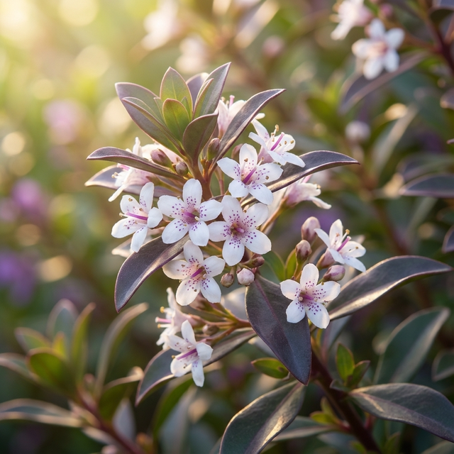 White and pink flowers bloom on a leafy branch of drought-tolerant Purple Creeping Boobialla (Myoporum parvifolium purpurea) in soft sunlight, set against a blurred natural background.
