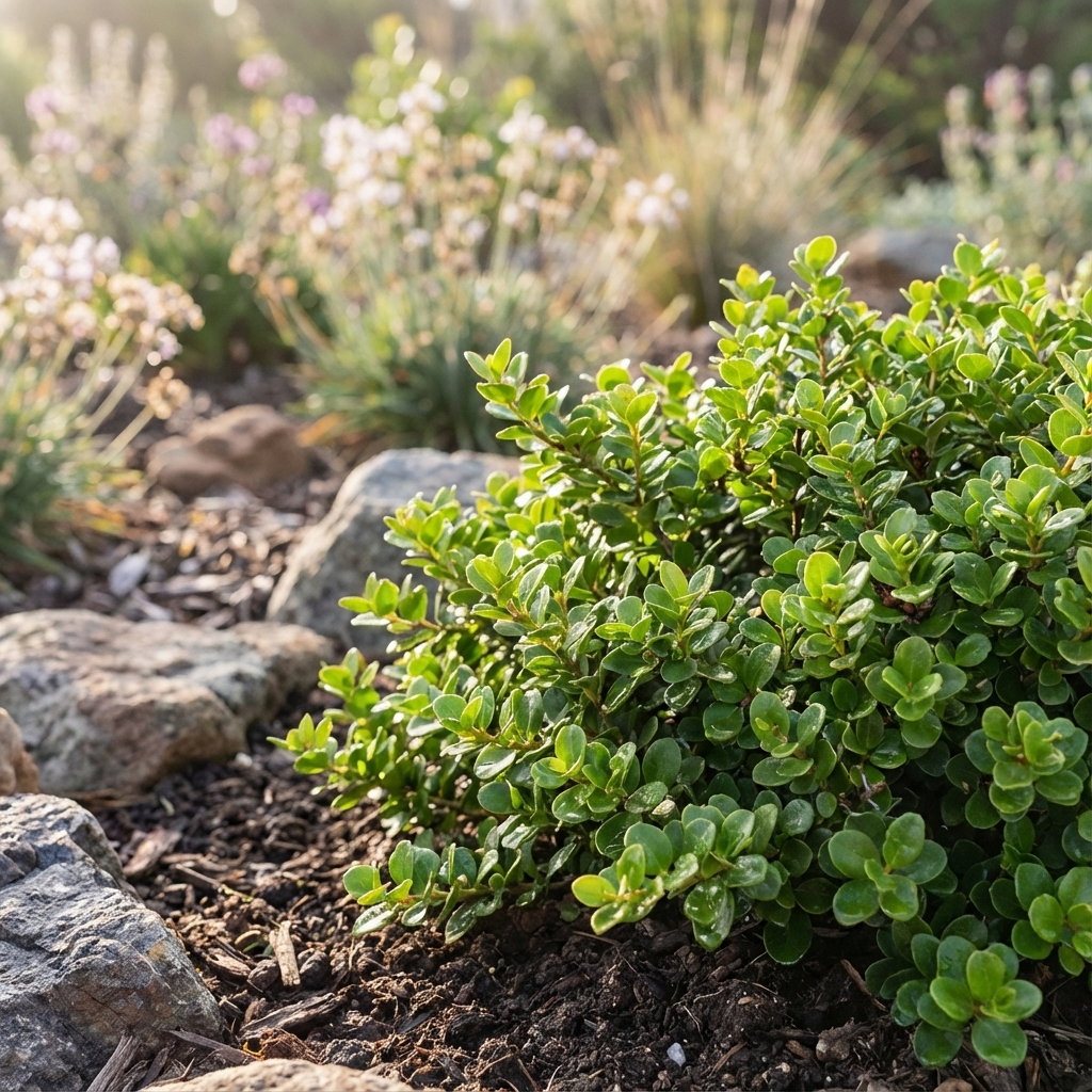 African Box - Myrsine africana, an attractive evergreen shrub, grows among rocks and mulch in a sunlit garden with blurred flowers in the background.