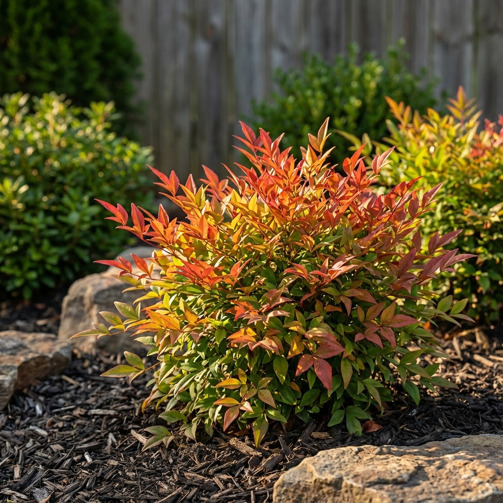 Nandina ‘Moonbay’ (Nandina domestica cultivar) is a low-maintenance dwarf shrub with red and green foliage, ideal for adding color to mulched garden beds near rocks or fences.