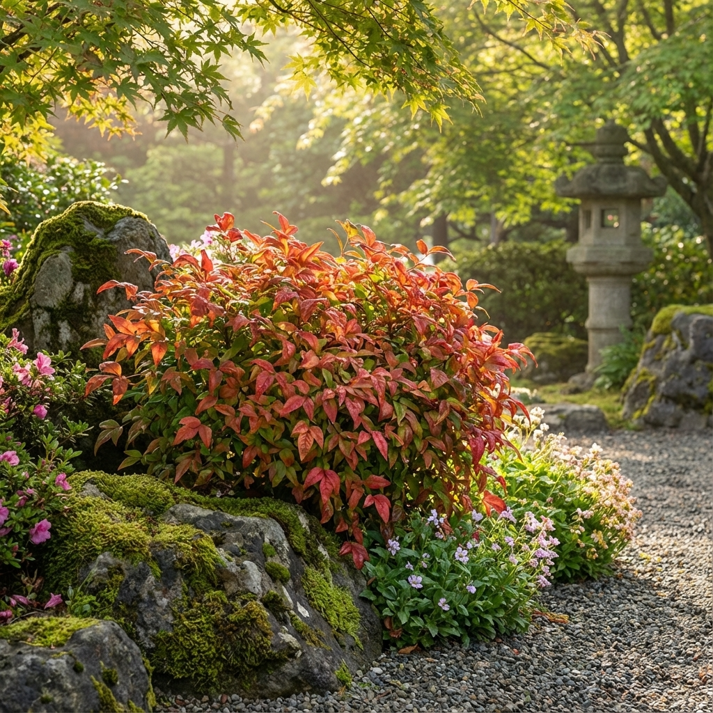 Sunlit Japanese garden with red and green foliage, mossy rocks, and a stone lantern on a gravel path, featuring Nandina ‘Nana’—a compact Nandina domestica cultivar also known as dwarf heavenly bamboo.