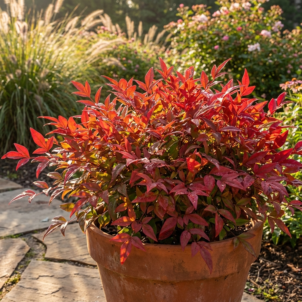 A terracotta pot holds the compact Nandina ‘Obsession’ (Nandina domestica cultivar), its vibrant red foliage brightening a sunlit garden stone path.