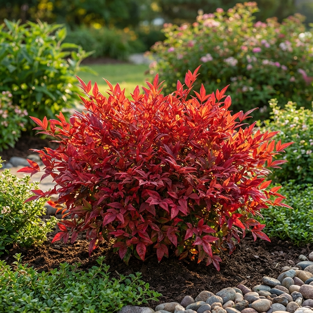 Nandina ‘Blush’ - a compact evergreen Nandina domestica cultivar with vivid pink-red foliage—grows among lush greenery and smooth stones.