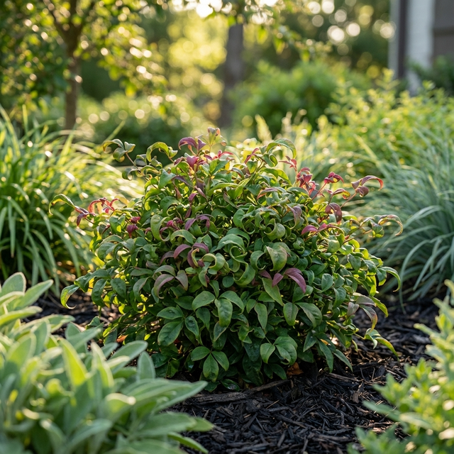Nandina ‘Curly Obsessed’ (Nandina domestica cultivar), an evergreen shrub with vibrant red foliage, thrives in a mulched garden bed under the sun.