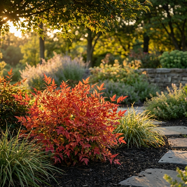 A sunlit garden features a Nandina ‘Firepower’ (Nandina domestica cultivar) shrub with vibrant red leaves, set amid grasses, a stone pathway, and lush greenery in the background.