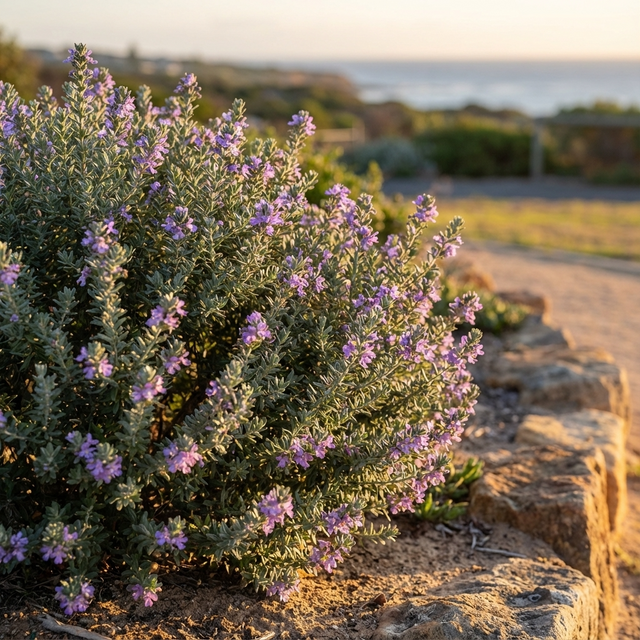 Naringa Coastal Rosemary – Westringia fruticosa ‘Naringa’ is an Australian native shrub with small purple flowers, ideal for low hedging along a sunlit stone path.