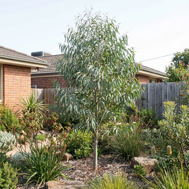 Narrow-Leaved Peppermint (Eucalyptus nicholii), a stunning Australian native tree, grows in a landscaped garden with shrubs and rocks, close to brick houses and a wooden fence.