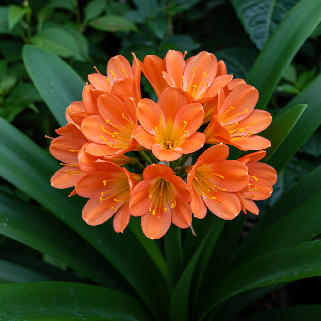 The Natal Lily - Clivia miniata features vibrant orange flowers with yellow stamens and green strap-like leaves; this shade-loving plant is ideal for brightening indoor spaces.