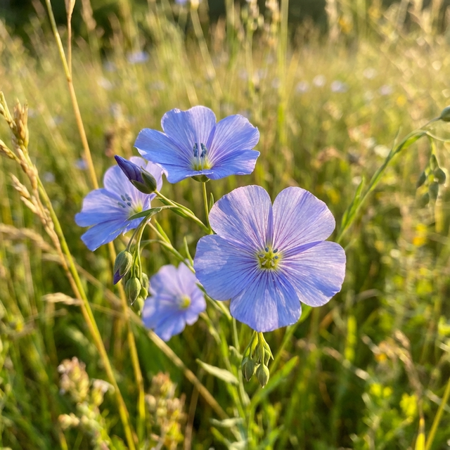 Close-up of Native Flax - Linum marginale, a drought-tolerant Australian wildflower, blooming in a sunlit grassy meadow.