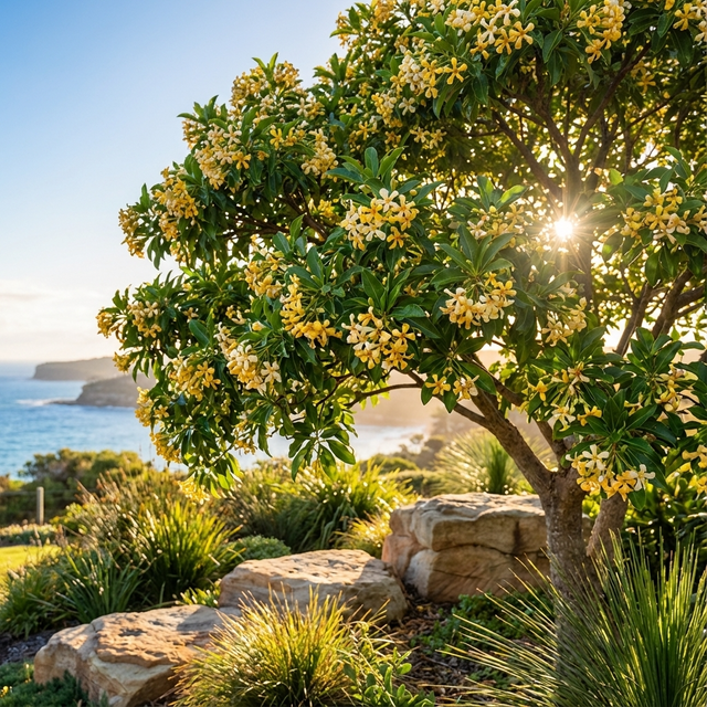 The Native Frangipani - Hymenosporum flavum, with fragrant yellow flowers, thrives by the seaside. Sunlight filters through its branches onto rocks and grass, making it a stunning feature tree among Australian natives.