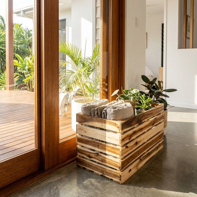 A Natural Timber Crate - 700mm x 400mm filled with towels and potted plants sits by a glass door as sunlight streams into a modern, bright room.