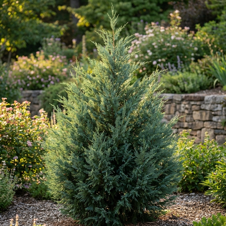 The Naylor’s Blue Leyland Cypress (Cupressocyparis leylandii 'Naylors Blue') is a conical evergreen shrub with dense green foliage, ideal for privacy screening among stone walls and flowering plants.