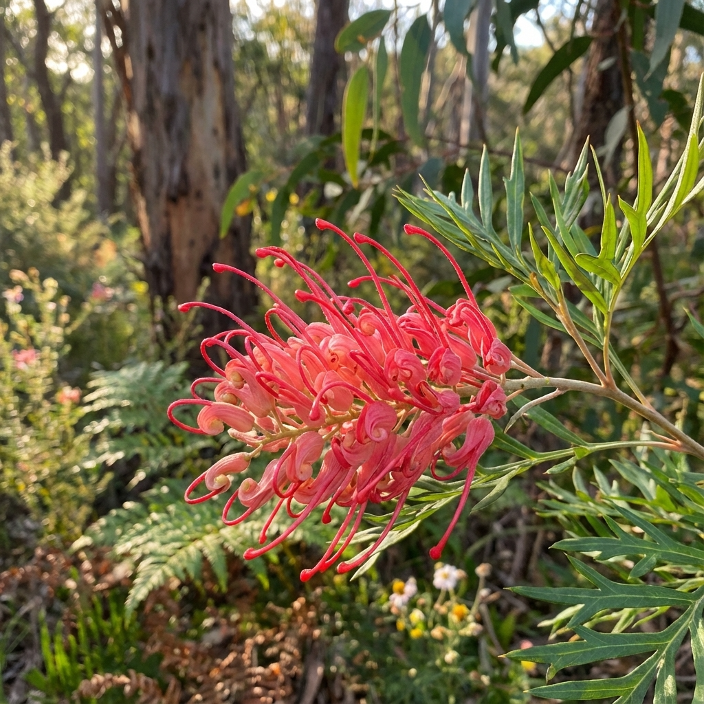 Close-up of a pink Ned Kelly Grevillea - Grevillea 'Ned Kelly' flower with green leaves in a sunlit forest, showcasing its drought-tolerant beauty.