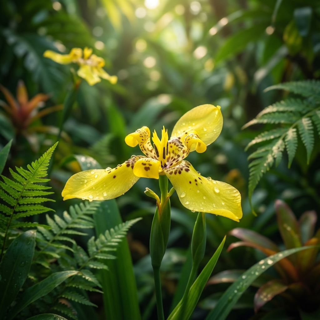 A yellow orchid with spotted petals and dew drops, amid lush green leaves in sunlight, resembles the Yellow Walking Iris (Neomarica longifolia).